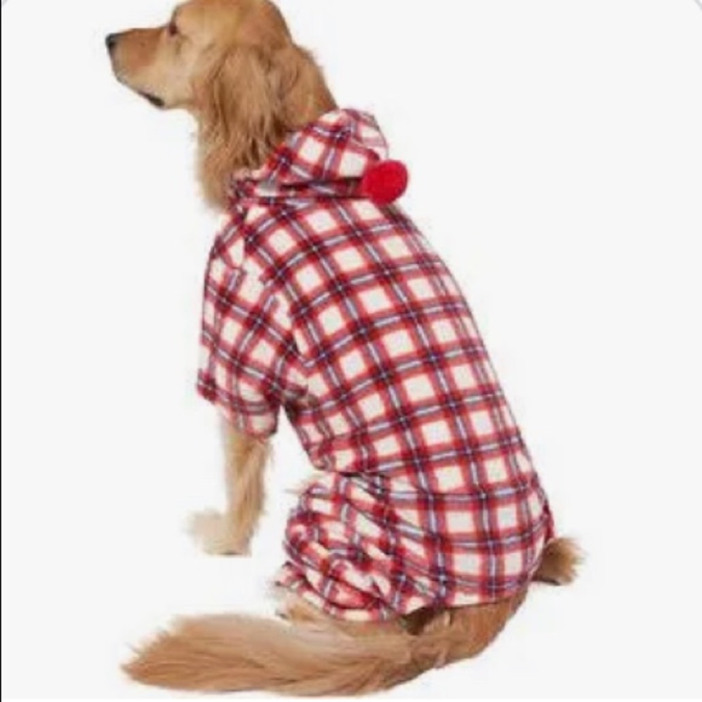WAGATUDE Flannel Red Plaid Hooded Pom Dog Pajama